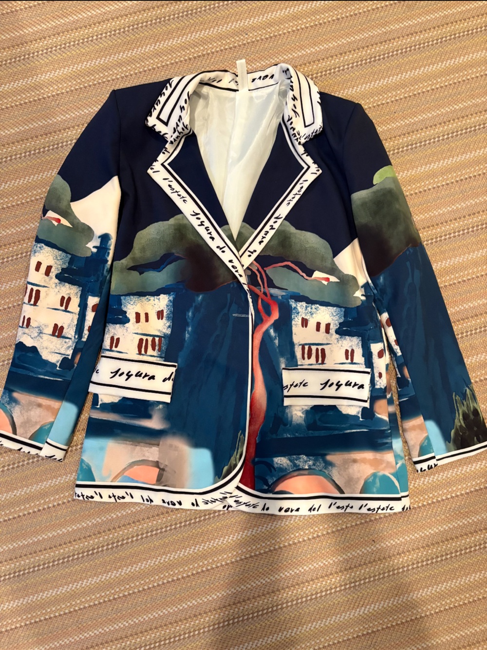 Designer Printed Notch-Lapel Jacket in Navy & Multi